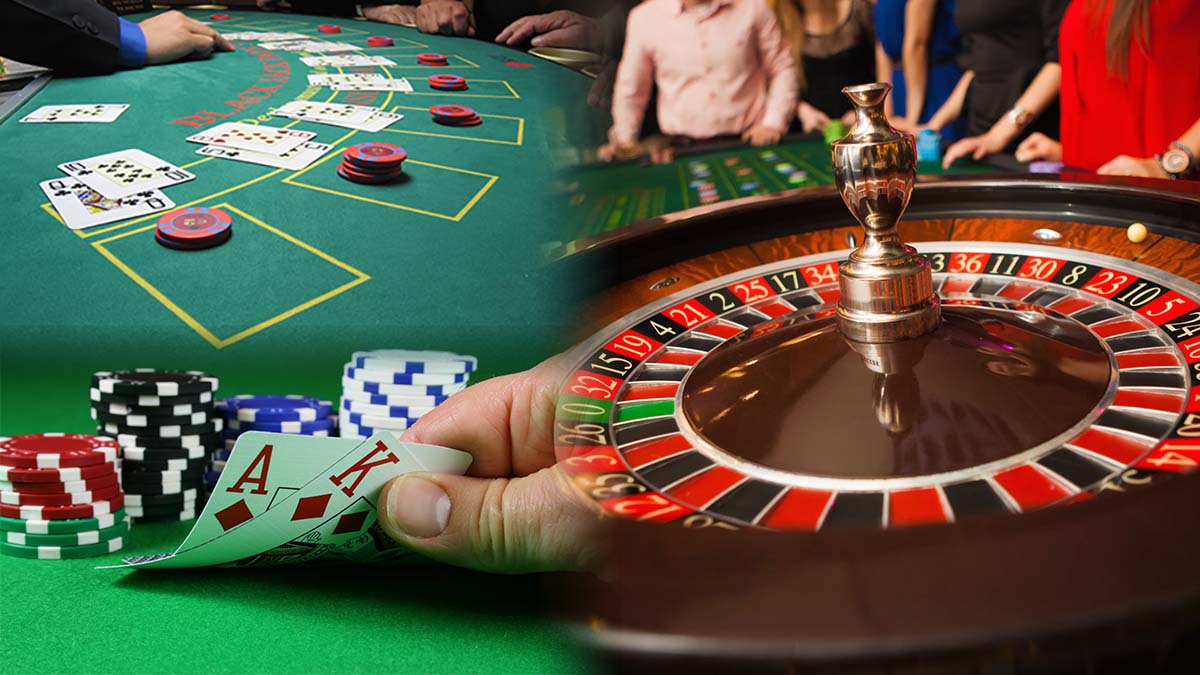 # Types of Casino Games Blackjack on Top Left Poker On Bottom Left and Roulette on Right