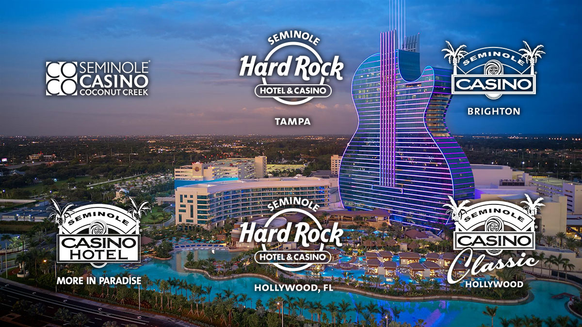 Logos of Six of the Seminole Casinos in Florida With Seminole Hard Rock Hotel & Casino Hollywood in Background
