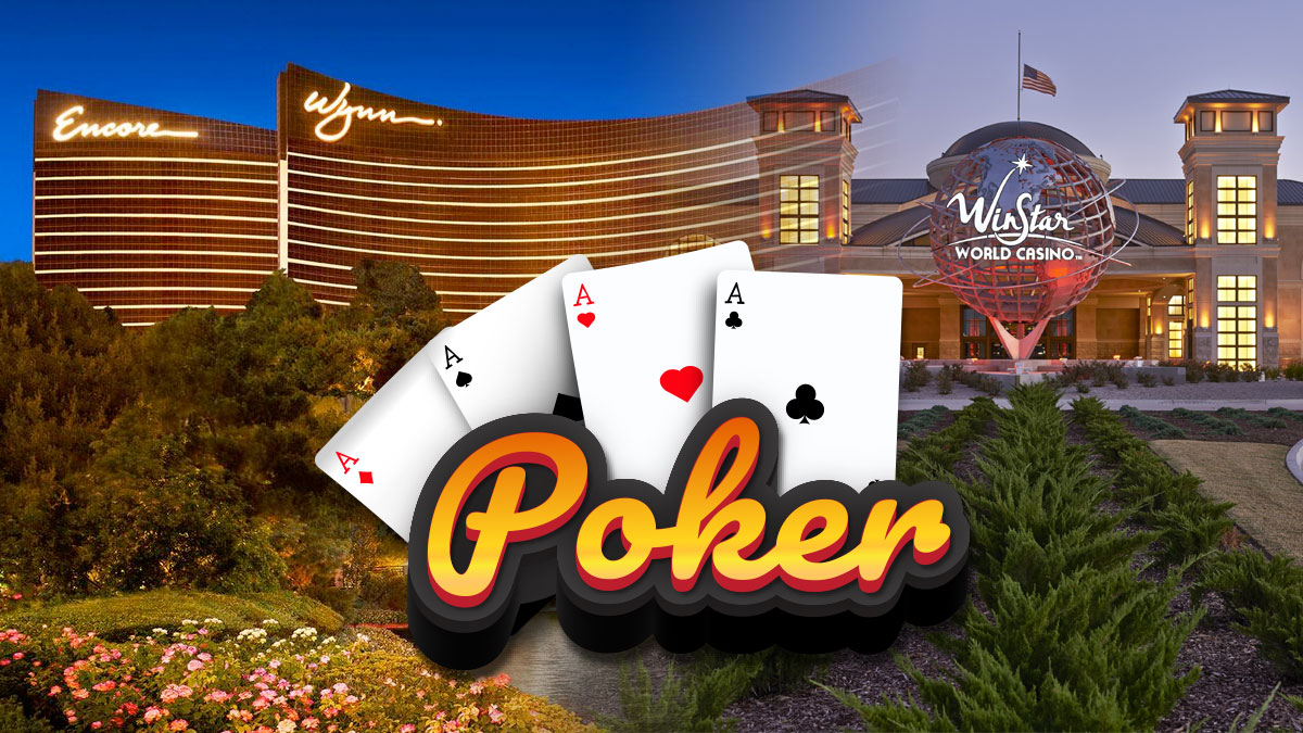 Poker Cards With a Logo Underneath it with the Wynn Encore Casino in the Background