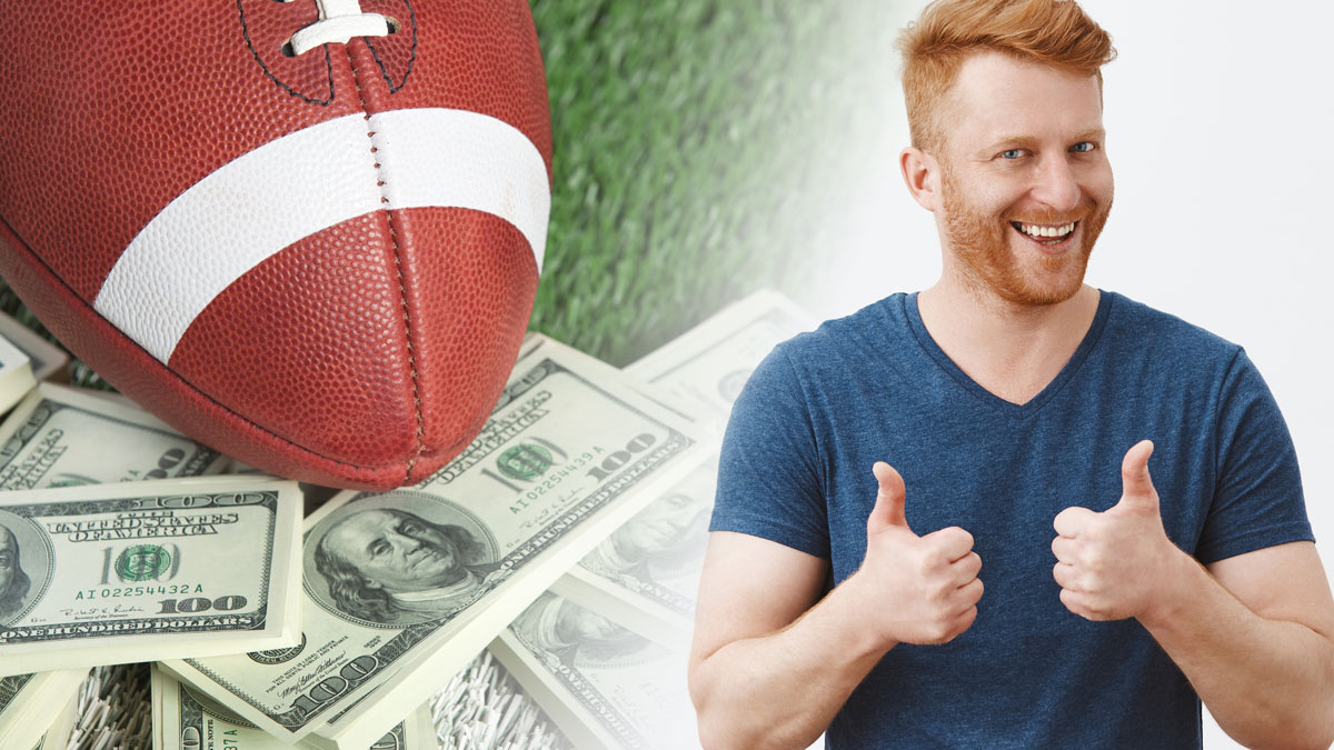 Smiling Man With His Thumbs Up on Right With A Football On A Pile of Money on Left