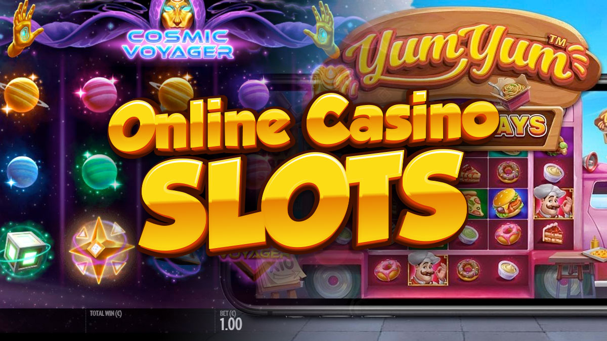 Cosmic Voyager Slots on Left Yum Yum Slots on Right with Online Casino Slots Written in Front
