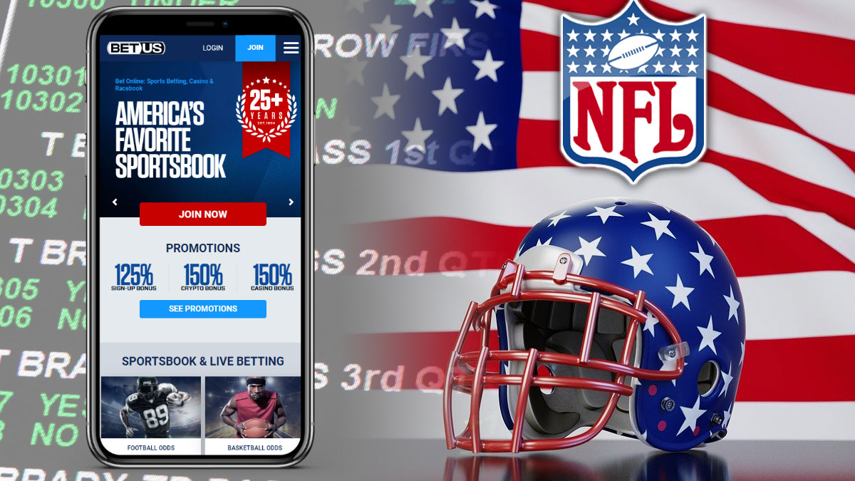 Mobile Phone With BetUS Sportsbook and Moneylines in Backhround on Left American Flag With a Helmet in Front and the NFL Logo on top on Right