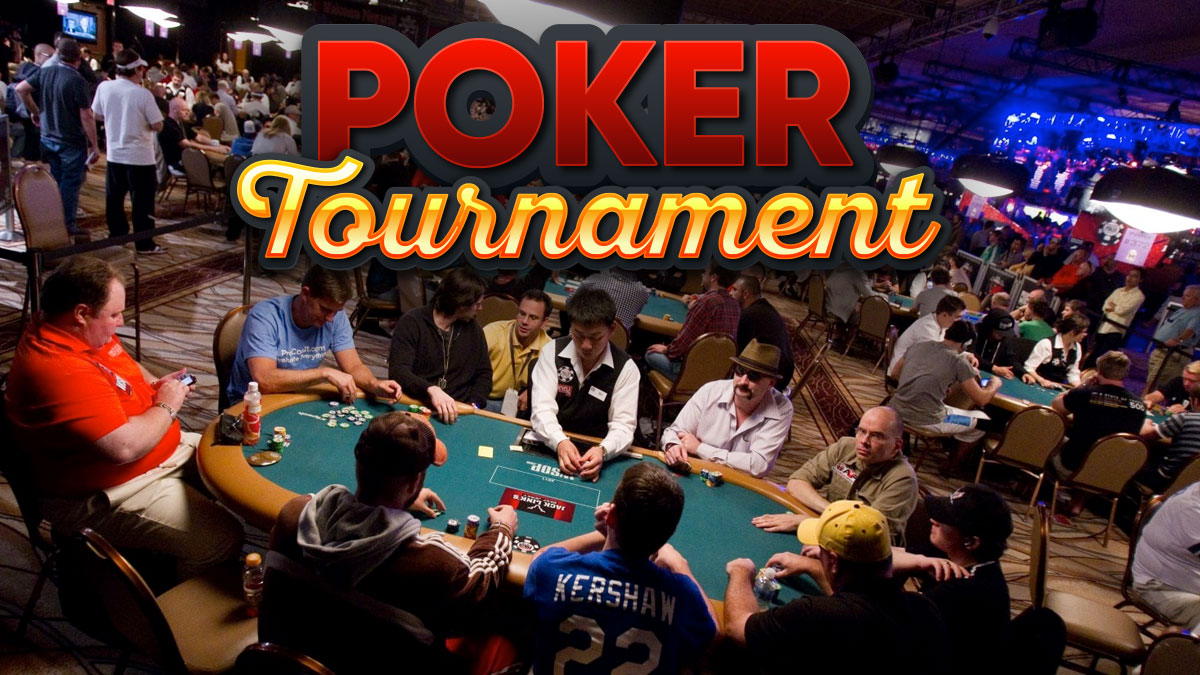 Gamblers Sitting Around a Poker Table with the words Poker Tournament Written Above