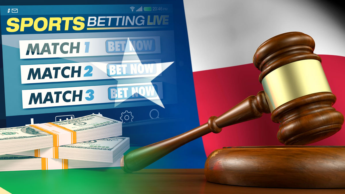 Texas Flag Behind a Hammer and Gavel With an Online Sports Betting Screen on Left