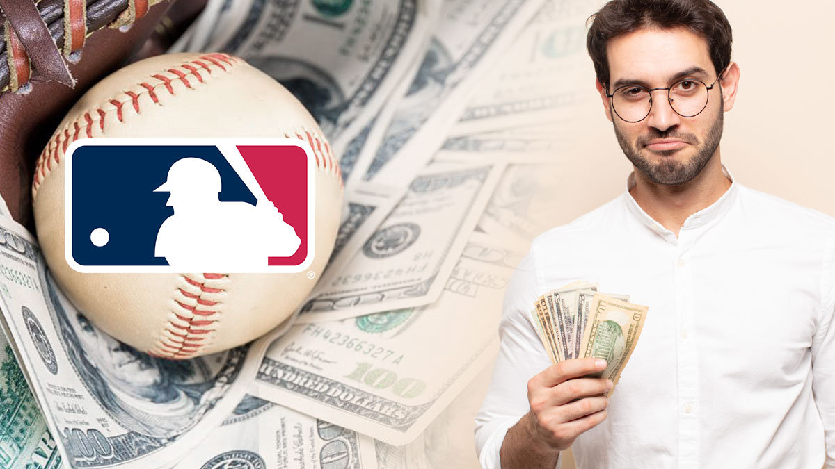 Smiling Man Holding Cash And the MLB Logo on a Baseball on Left