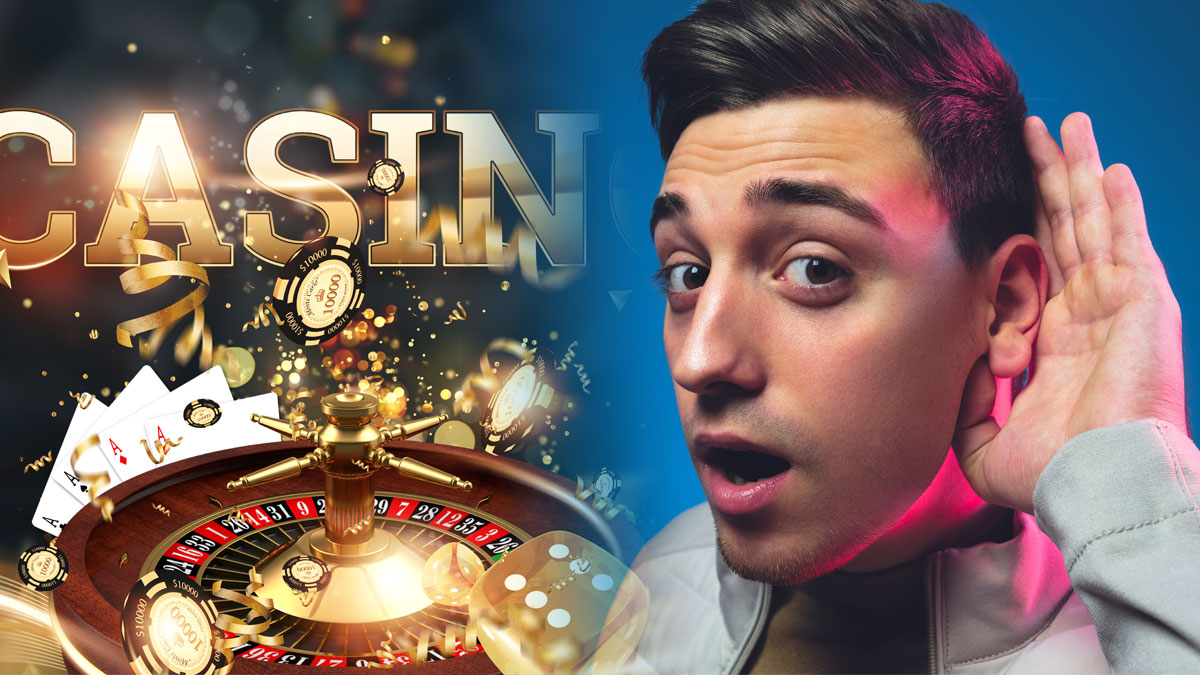 Man With Hand to Ear Listening with Casino Game Logos on Left
