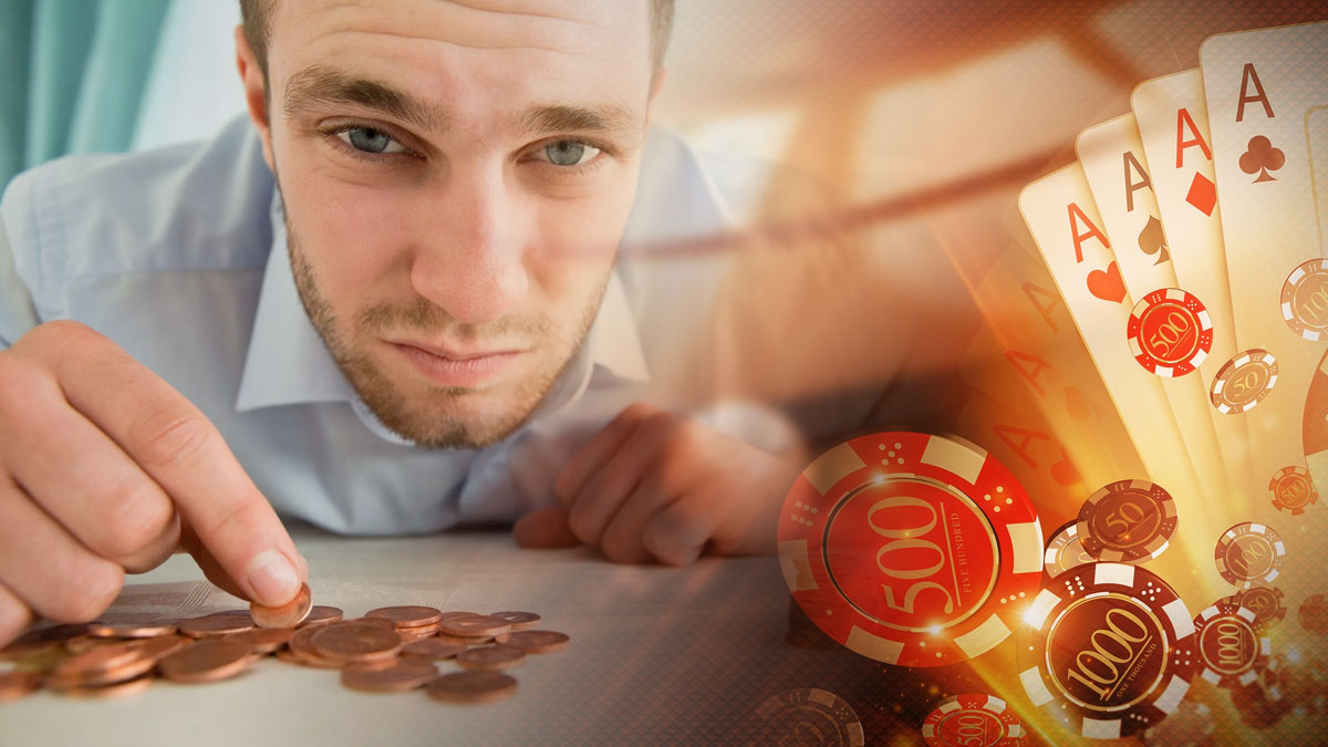 Man Counting Pennies on Left and Casino Game Logos on Right