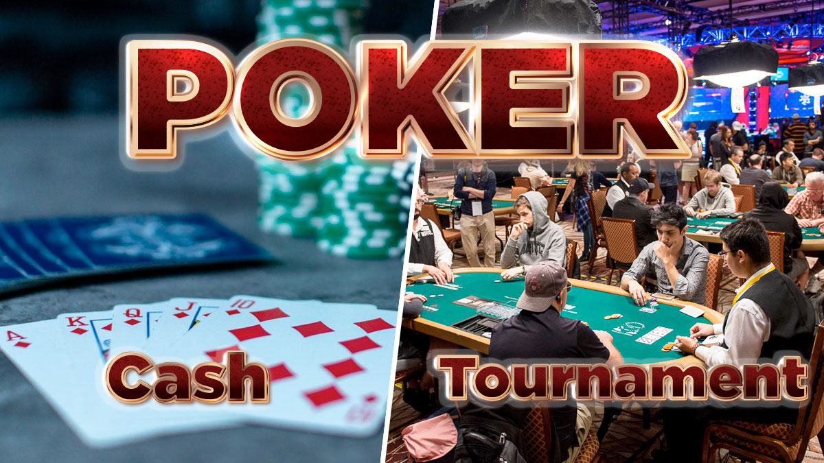 Closeup of Poker Cards and Chips on a Table on Left and a Packed Poker Room on Right