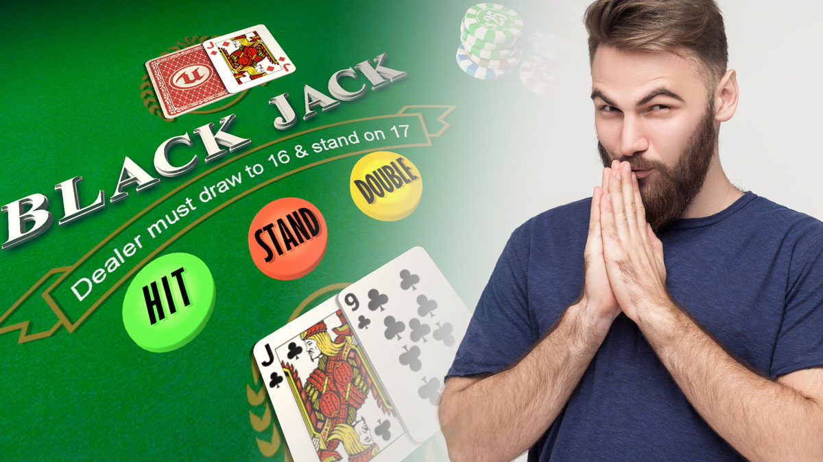 Man Holding His Hands Together In Front of his Face And a Closeup of a Blackjack Table 