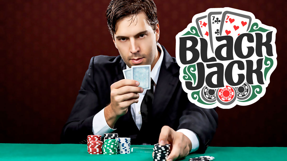 Man Holding Cards And Sliding Chips Across the Table With a Blackjack Logo on the Right