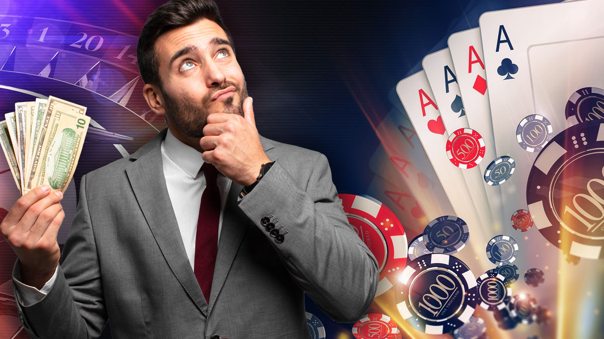THinking Man Holding Cash on Left and Casino Game Logos on Right