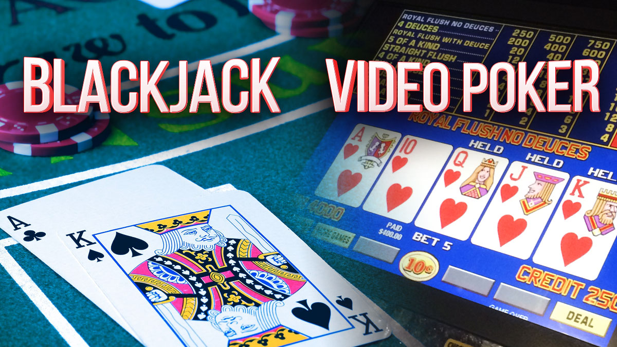 Two Cards on a Blackjack Table on Left with a Closeup of a Video Poker Screen on Right