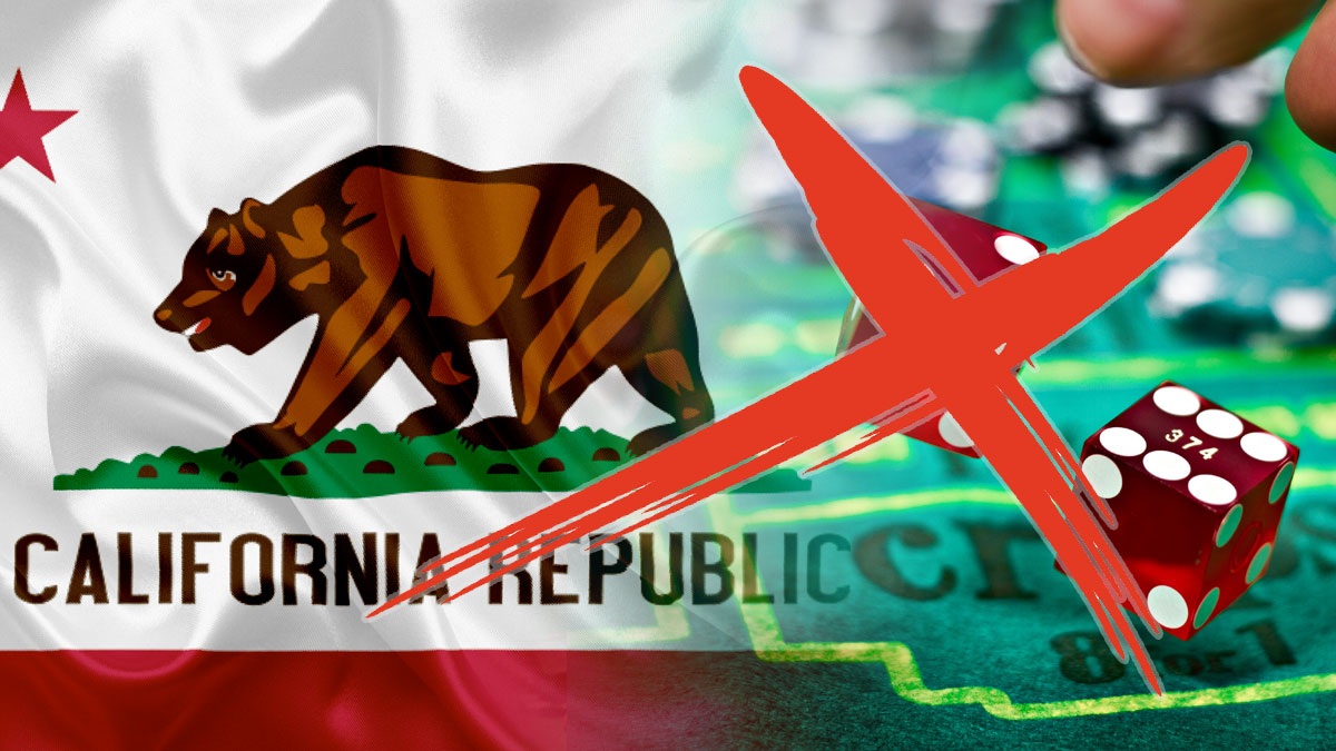 California State Flag on Left With a Red Cross Over a Craps Table on Right