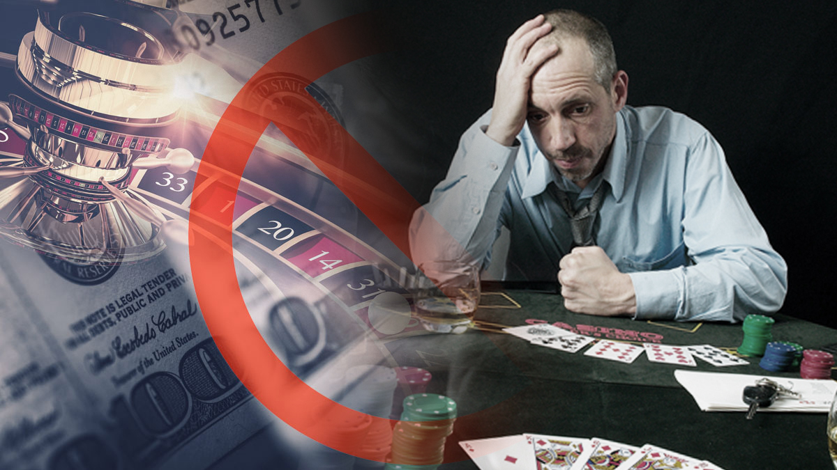 Man With Head in Hands and Casino Logos on Left with a Red Crossed Circle Over it