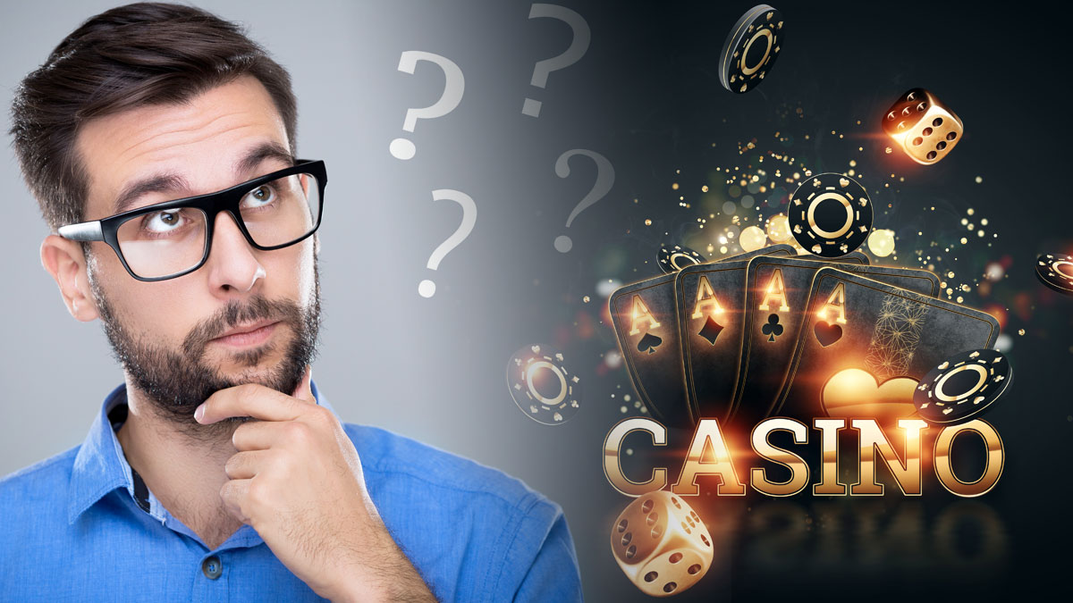 Thinking Man with Question Marks Behind Him Casino Game Logos on Right