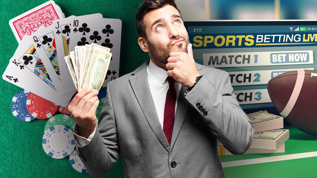 Thinking Man Holding Money in Center with a Table of Poker Cards on Left and a Sportsbook Screen on Right