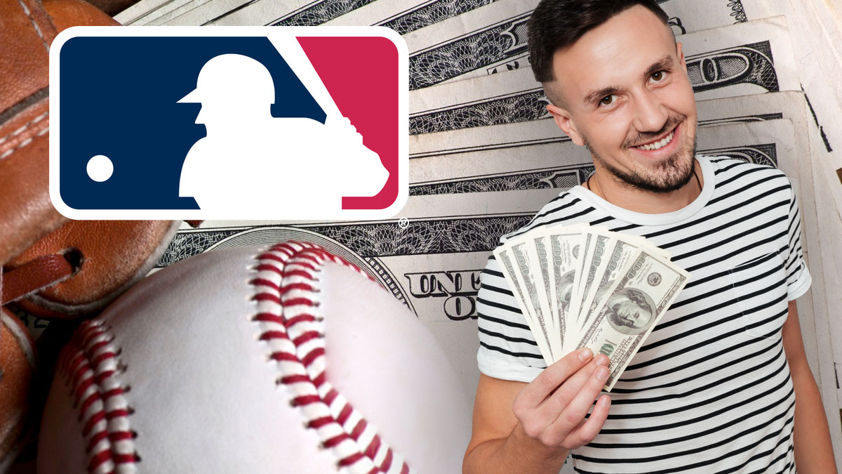 Man Holding Cash on Right With the MLB Logo Over A Glove Baseball and Cash on Left