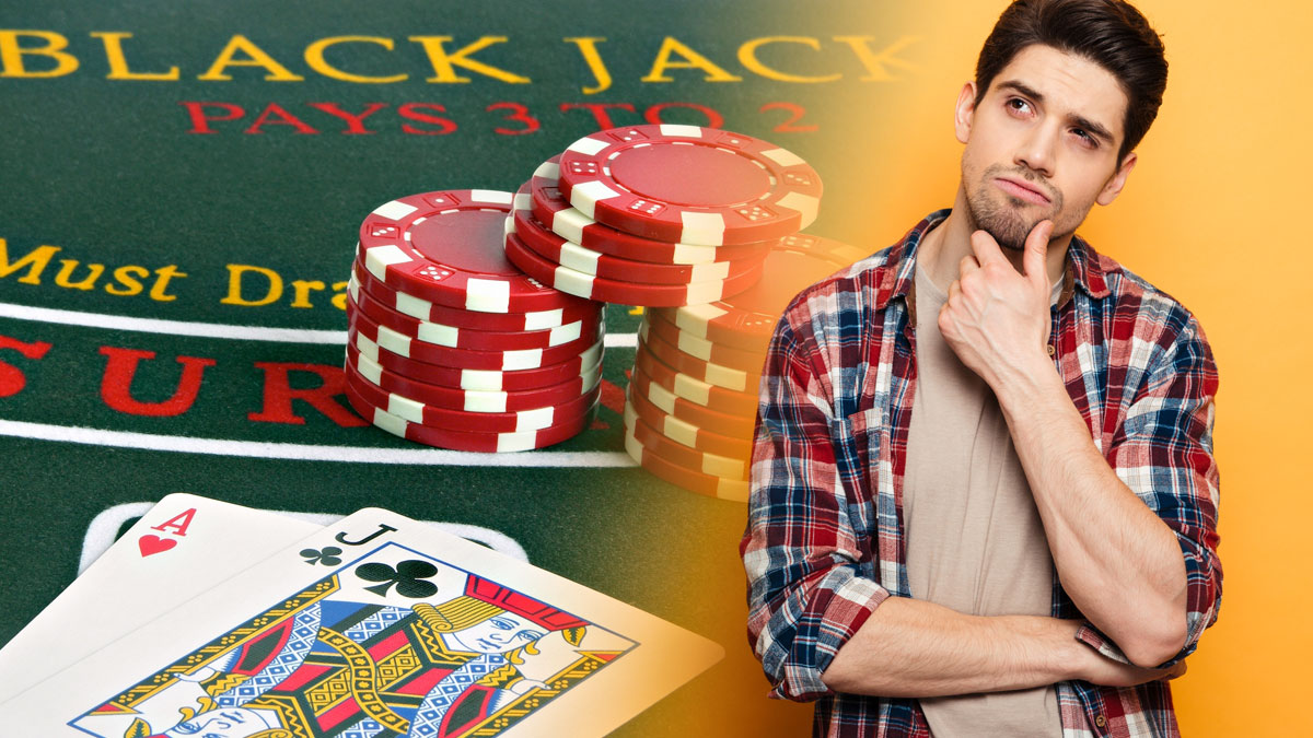 Closeup of a Blackjack Table on Left Thinking Man on Right