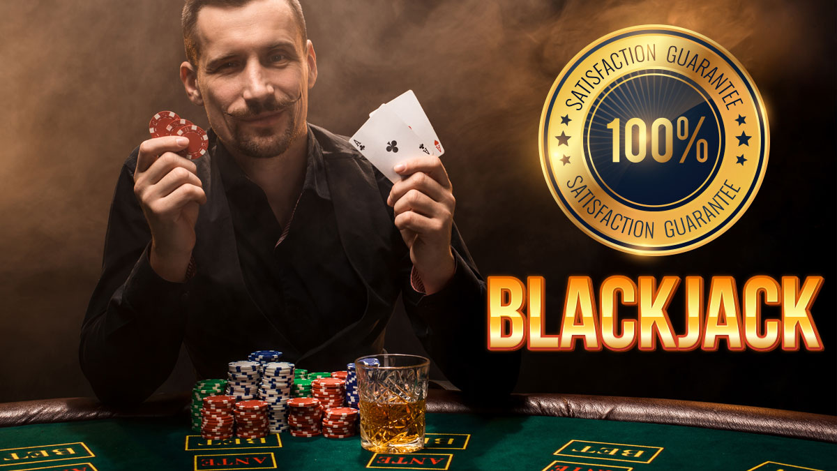 Man Holding up a Blackjack Hand and a Casino Chip