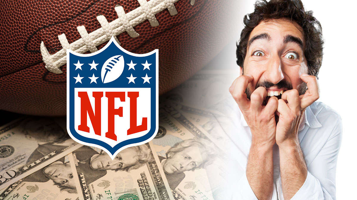 Man Losing His Mind On Right With the NFL Logo Over a Football and Money on Left