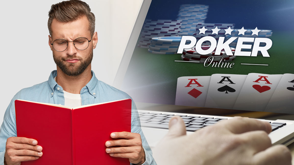 Man Reading a Book on Left and a Laptop Showing a Online Poker Game on Right