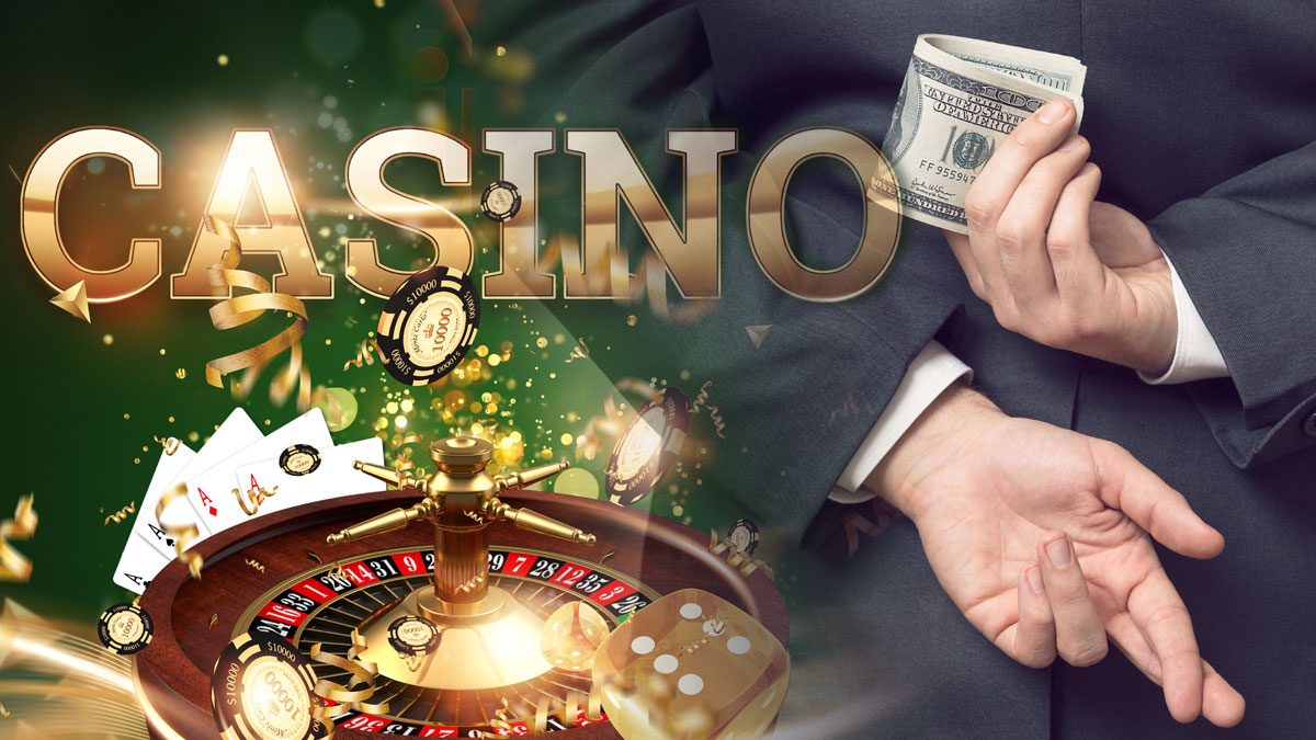 Casino Games Logo on Left Hand Holding Money Behind Back With Fingers Crossed