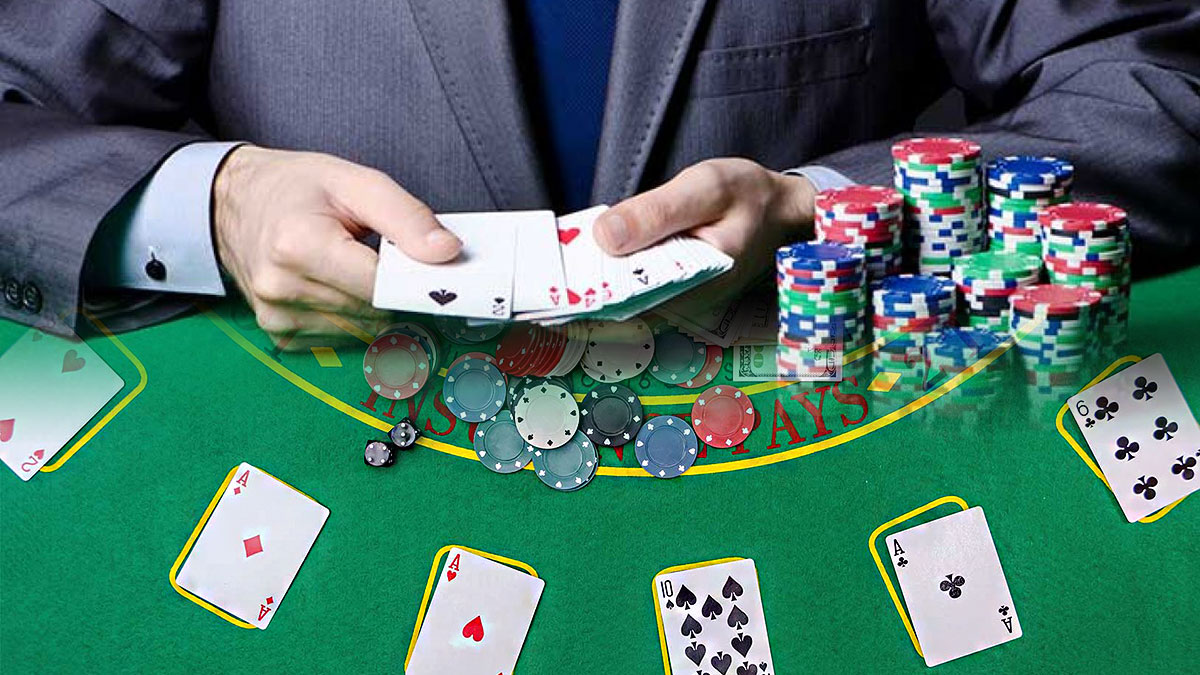 Professional Blackjack Player Holding a Deck of Cards on Top and a Dealt Blackjack Table on Bottom