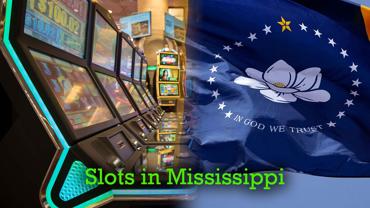 Row of Slot Machines on Left Mississippi State Flag on Right