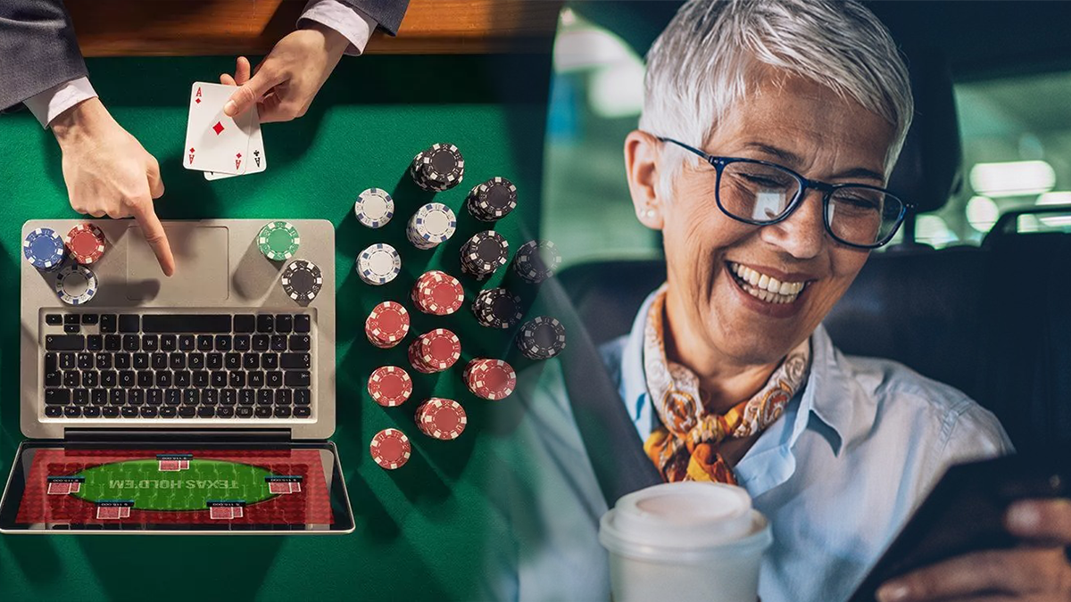 Elderly Person on Right with a Laptop and Casinos Chips on Left