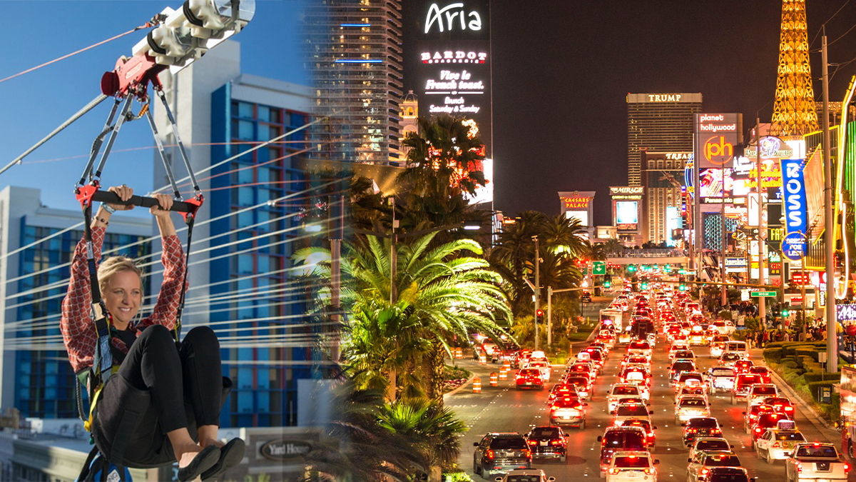 Women on a Zipline on Left and a Nightime View of the Las Vegas Strip