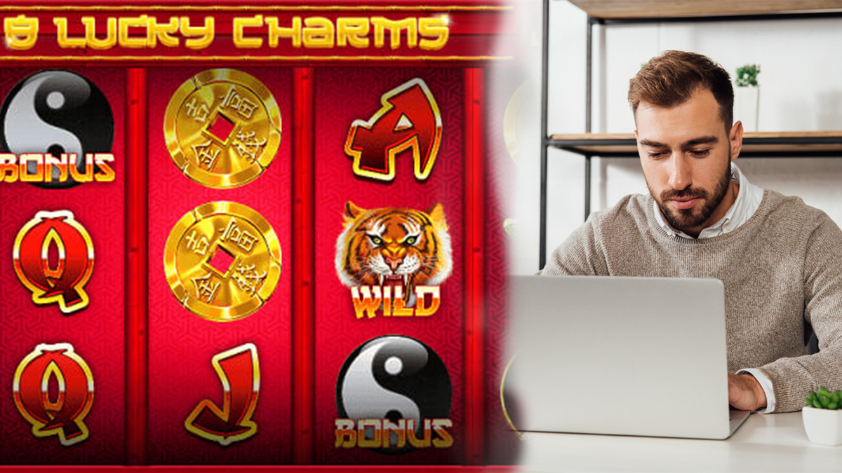 Asian Themed Slot Machines on Left and a Man on a Laptop on Right