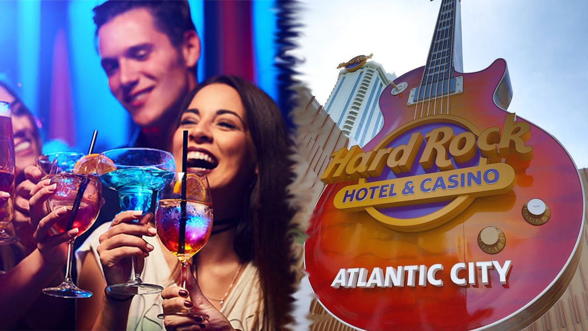 People drinking on the left with the Hard Rock Atlantic City sign on the right