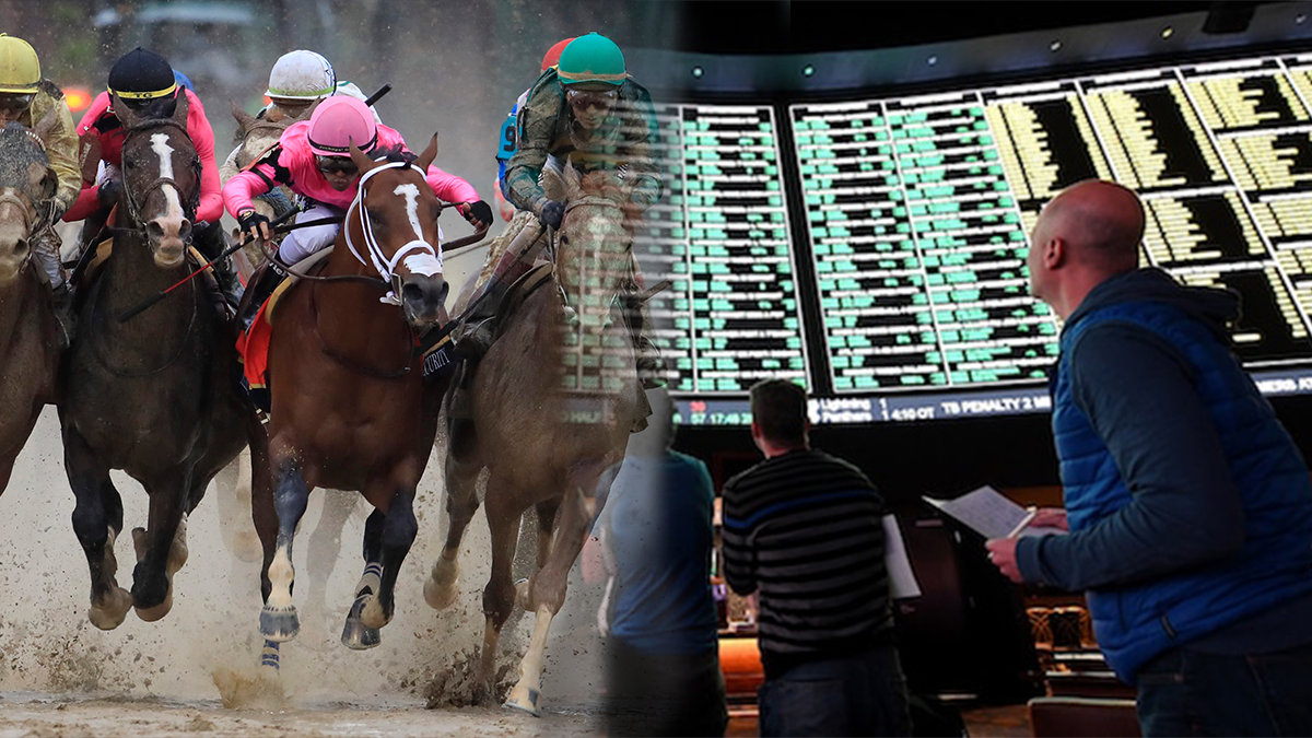 Kentucky Derby Racers on Left and a Sportsbook on Right