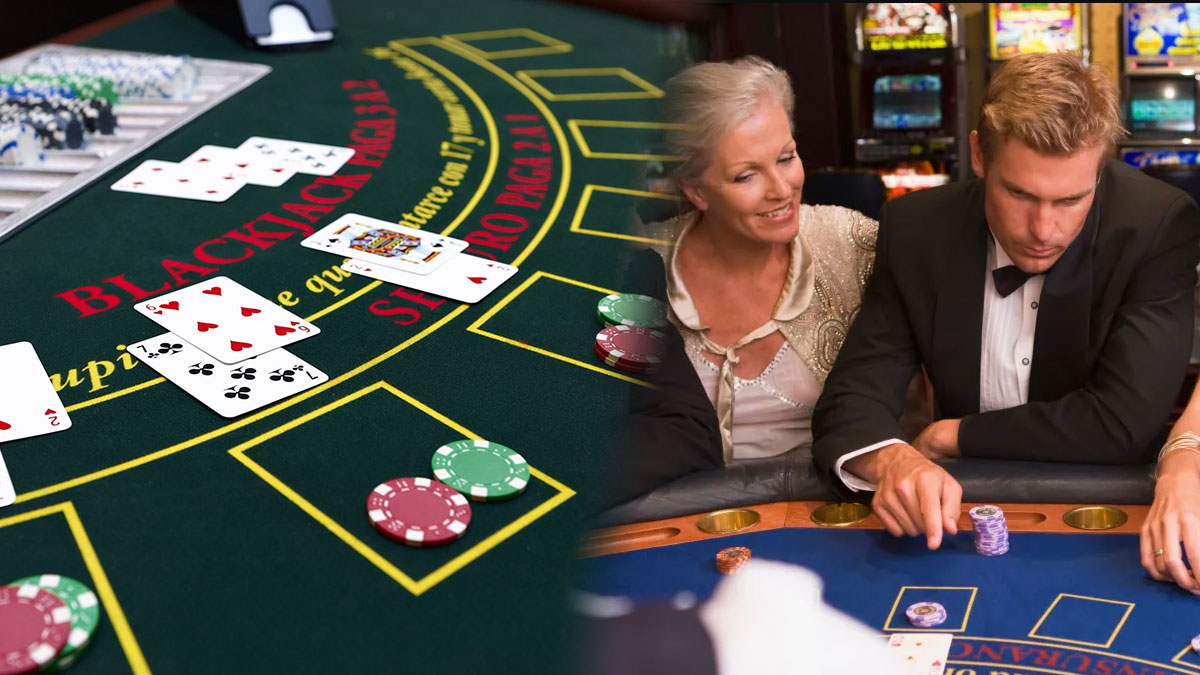 Closeup of a Blackjack Table on Left and People Playing Blackjack on Right