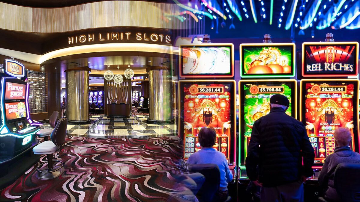 High Limit Slot Room on Left and a Row of Slot Machines on Right