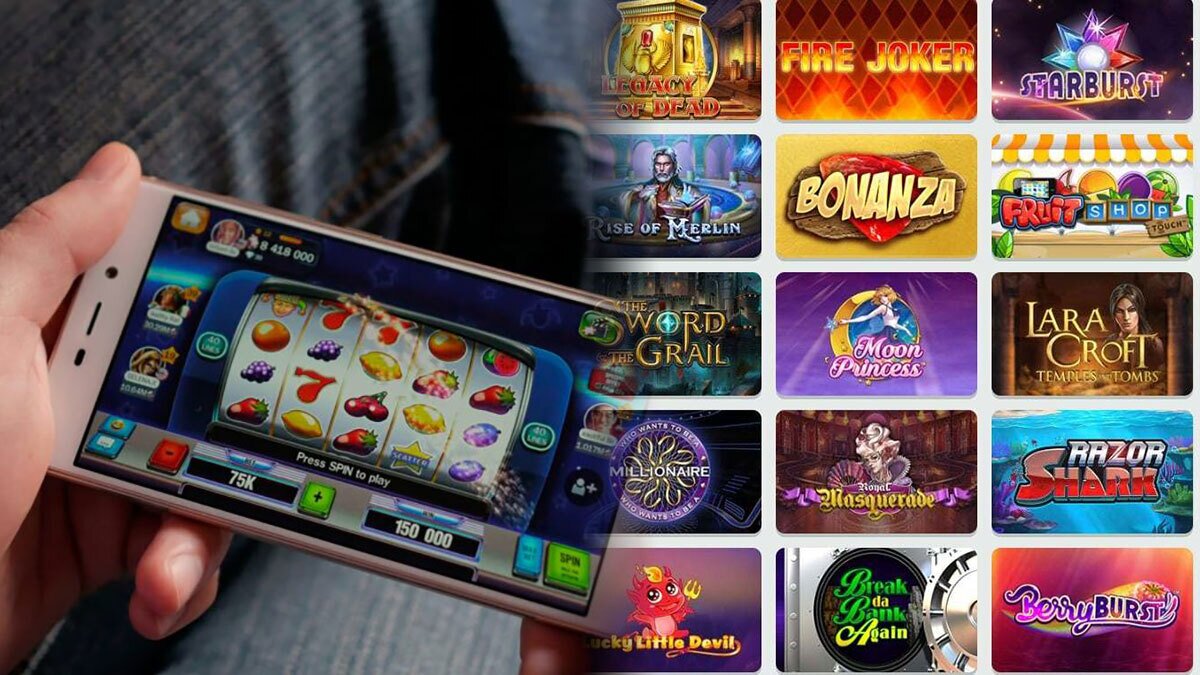 Online Slots List on Right and a Hand Holding a Mobile Phone With an Online Slots Game on the Screen
