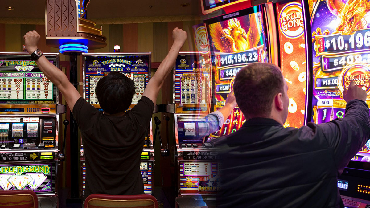Man With Hands Over Head in Front of a Row of Slot Machines on Left and a Man Playing a Modern Slot Machine on Right