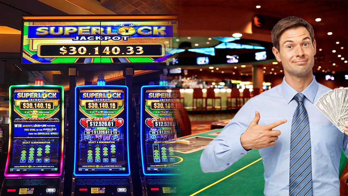 Superlock Jackpot slot on Left and a Man Holding Cash on Right