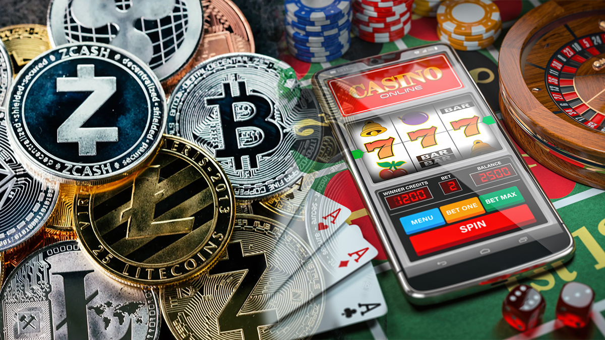 Crypto Coins on Left and a Mobile Casino on a Phone on Left