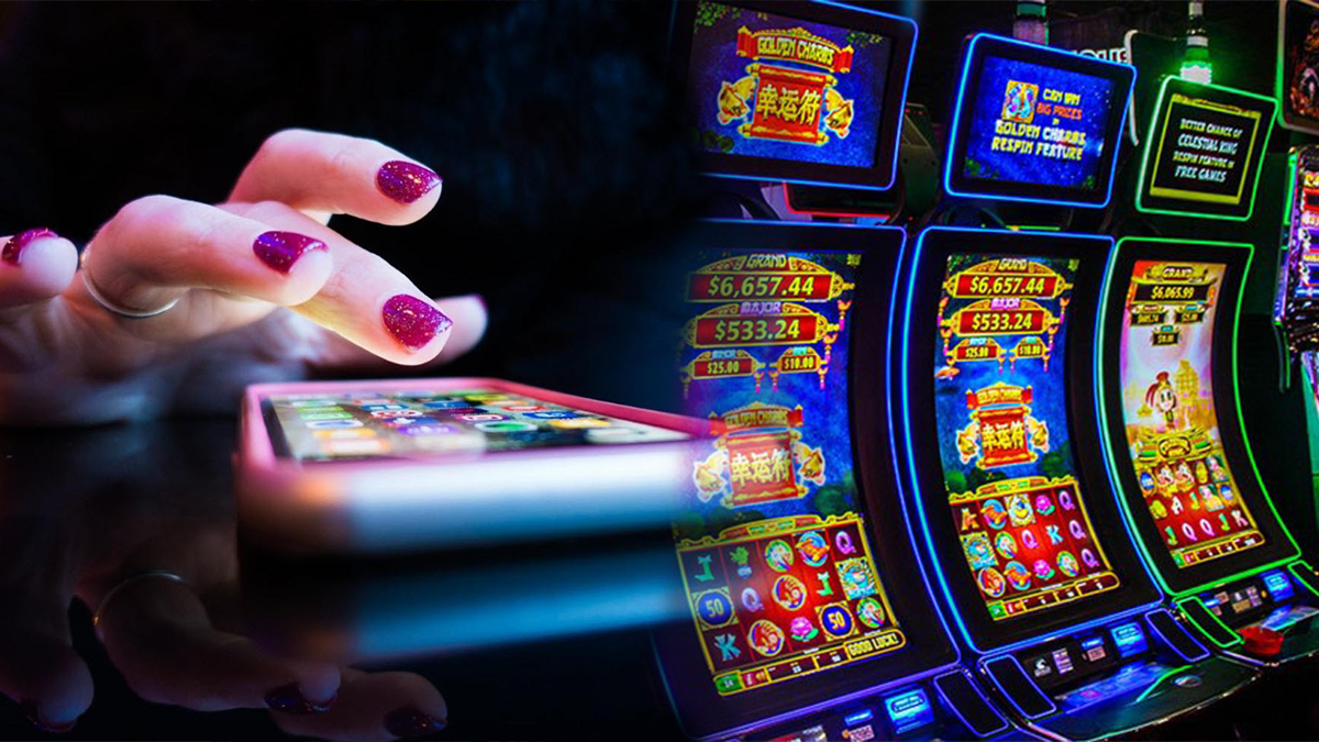 Woman Playing on a Smart Phone on Left and a Row of Slot Machines on Right