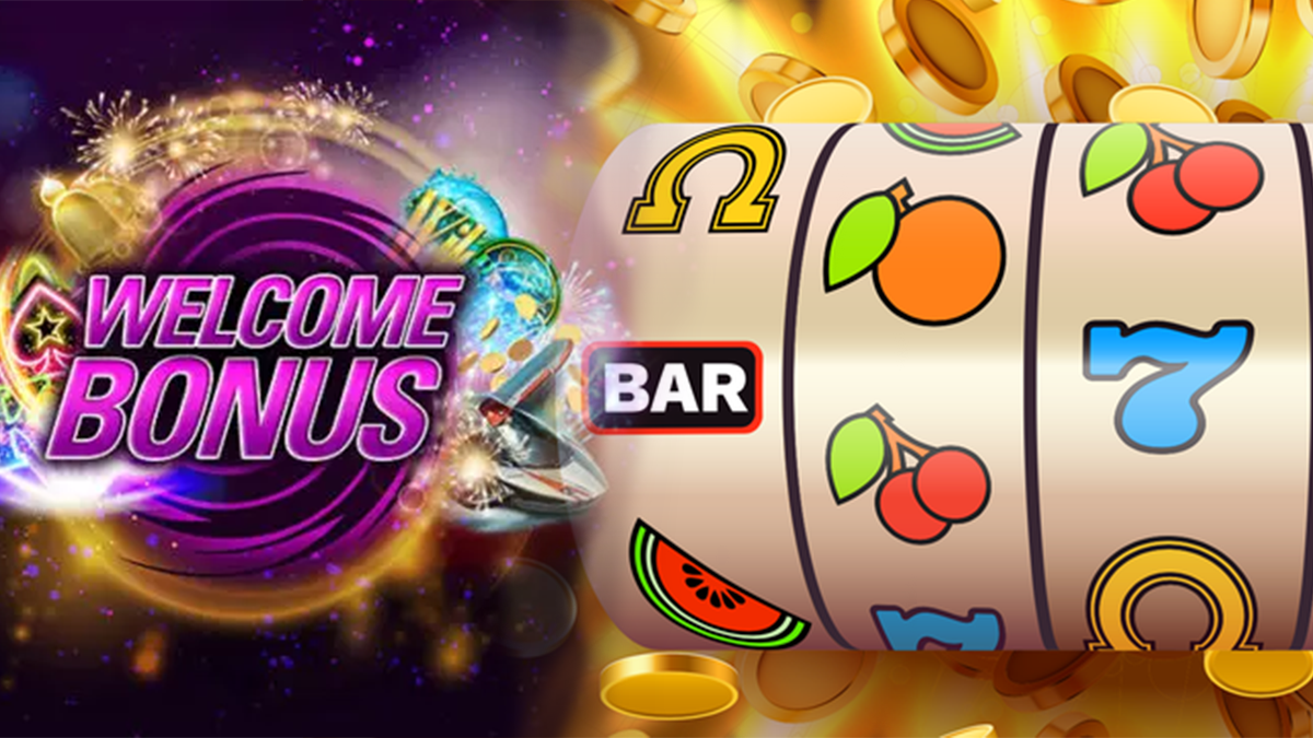 Welcome Bonus Logo on Left and a Slot Reel on Right