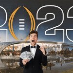Excited Man Holding Cash With the 2023 NCAA College Football Logo Behind