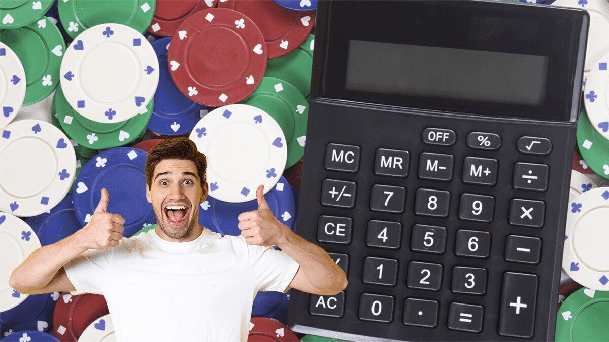 Poker Chips on Left Calculator on Right and a Man Holding Thumbs up in Center