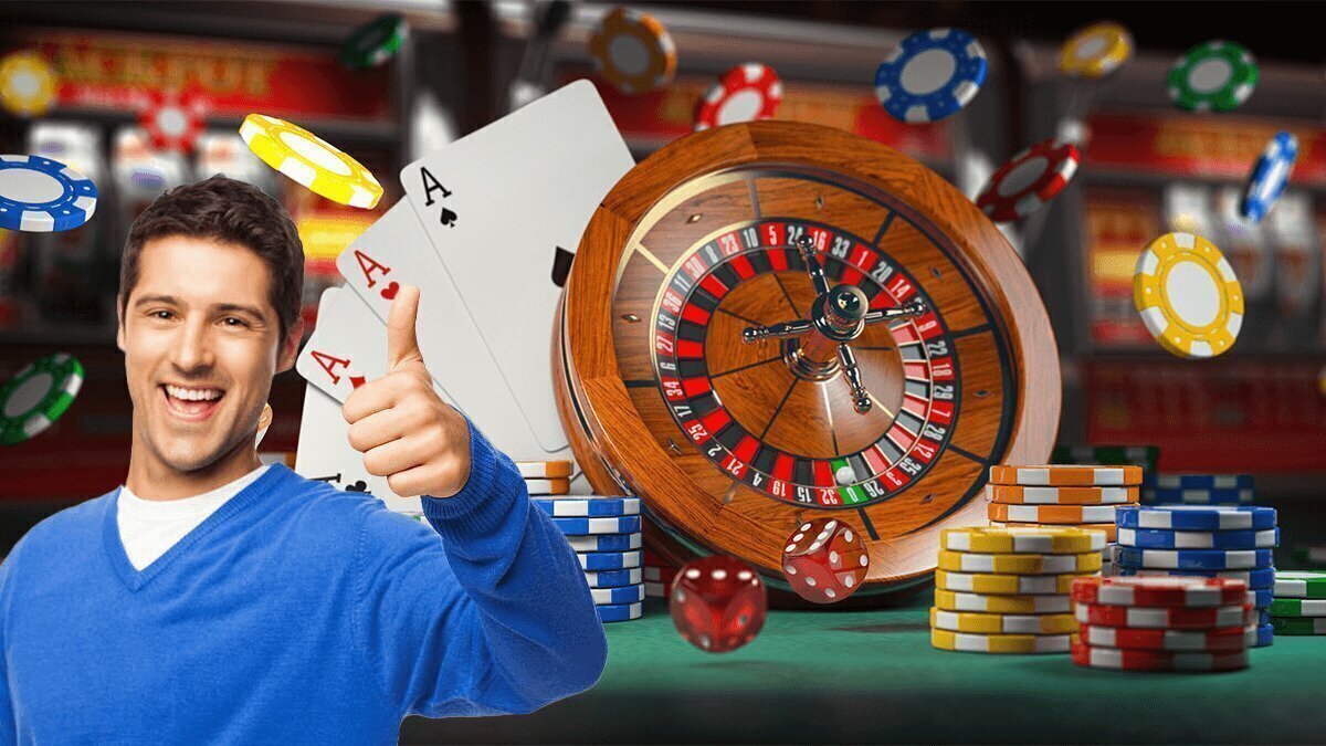 Man Giving Thumbs up With Casino Game Paraphernalia in the Background 