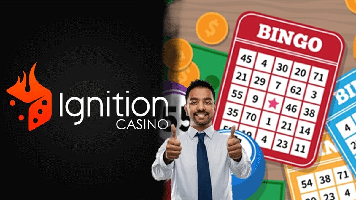 ignition Casino Logo on Left Bingo Cards on Right Man Smiling Giving Thumbs up in Center