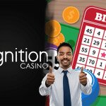 ignition Casino Logo on Left Bingo Cards on Right Man Smiling Giving Thumbs up in Center