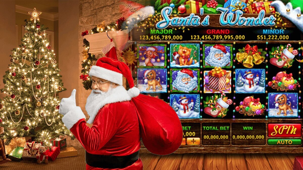 Santa Giving Thumbs up in Center Christmas Tree on Left and a Christmas Themed Online Slots Game on Right
