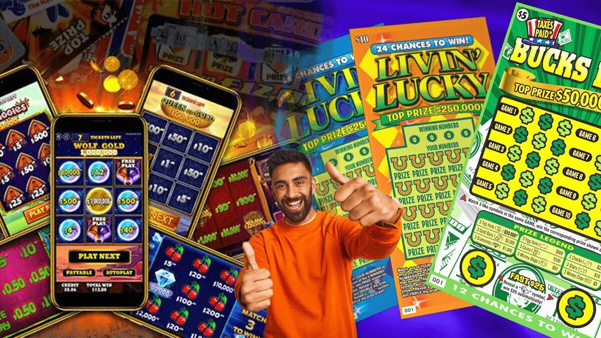 Mobile Scratch Cards on Left and Real Scratch Cards on Right and a Man Showing Thumbs up in Center