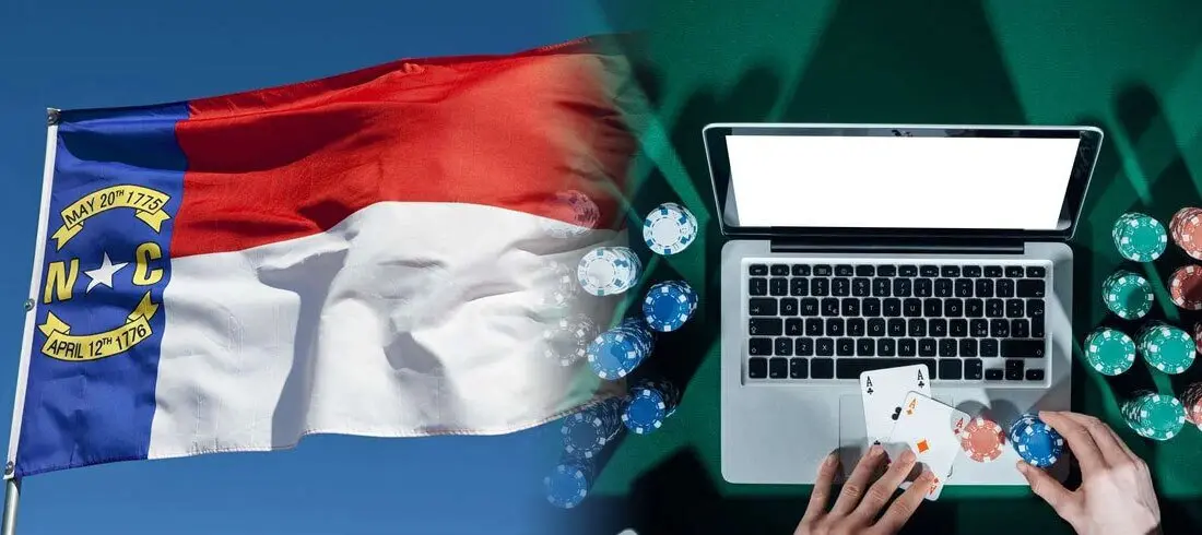 North Carolina State Flag on the Left and a Laptop With Someone Gambling on it on the Right
