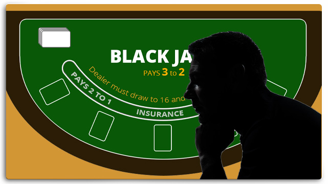 Blackjack Table, Silhouette of Guy with Hand on His Chin Thinking